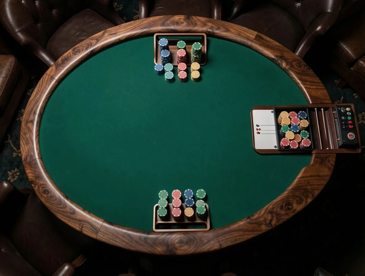 Bovenaanzicht van de ingerichte pokertafel in de private lounge