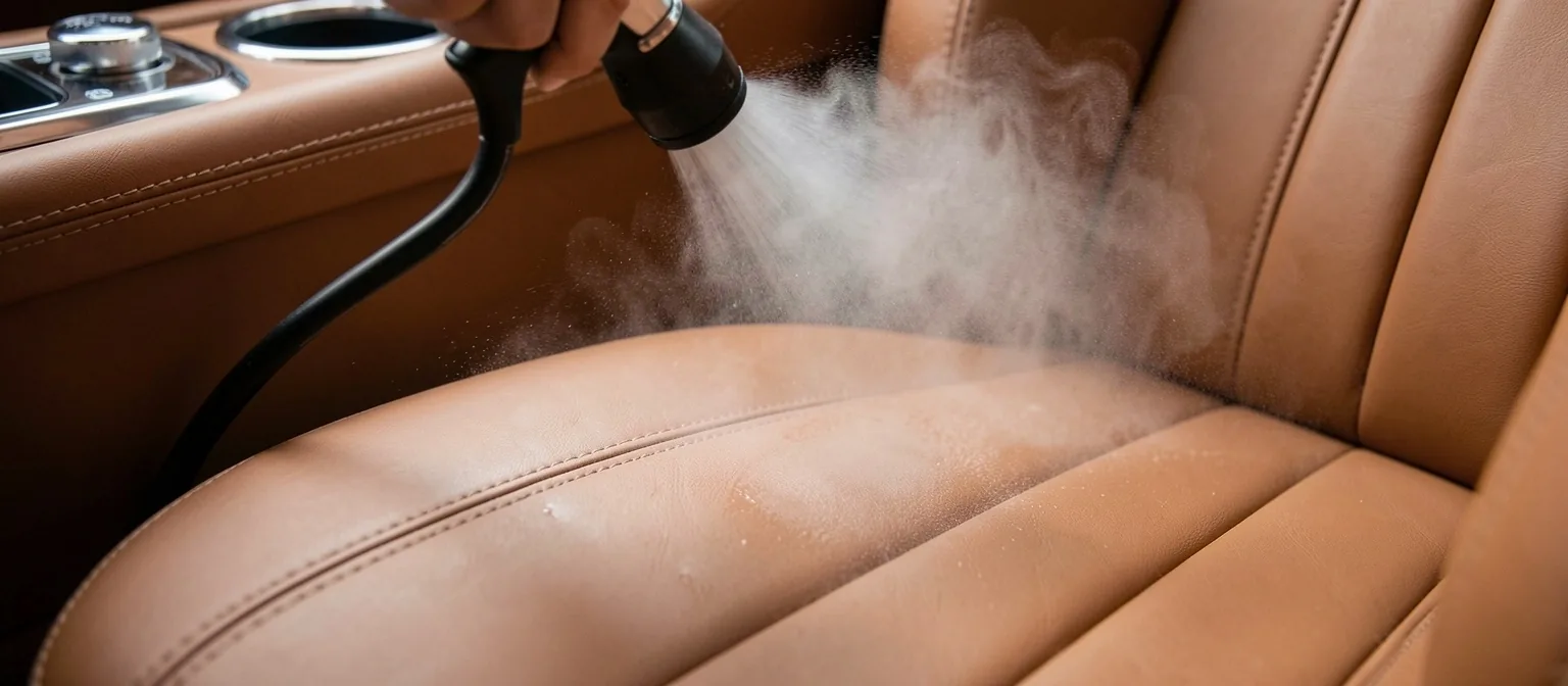 Gedetailleerd luxe auto-interieur met matte lederen stoelen en aluminium afwerking