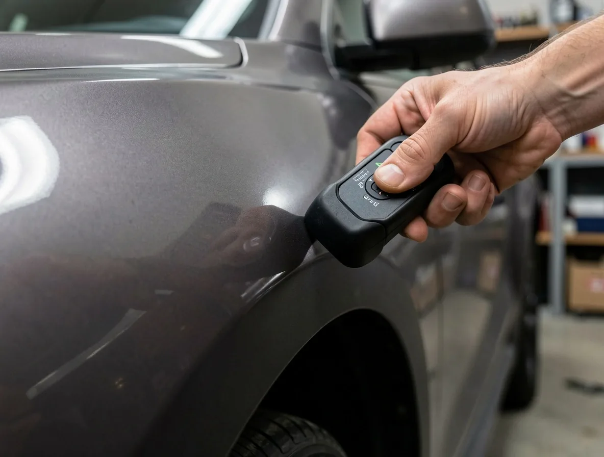 Lakdiktemeting met ultrasone meter op carrosseriepaneel