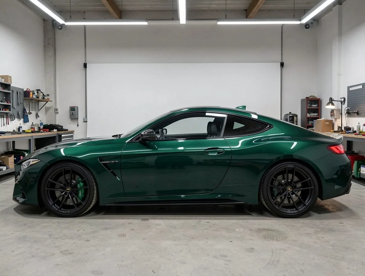 Metallic groen carrosseriepaneel na lakcorrectie