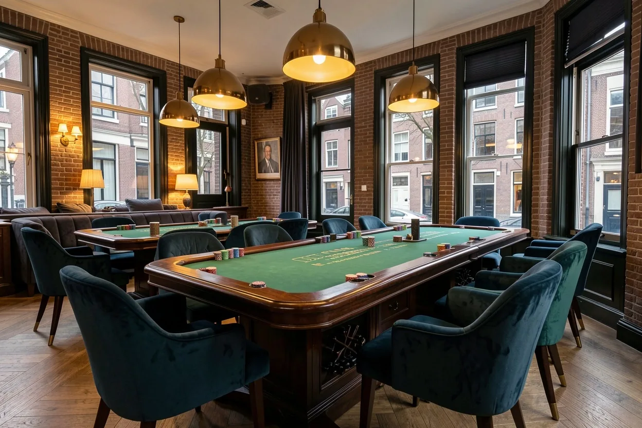 Sfeervolle bespoke pokertafel en lounge verlichting in de clubroom