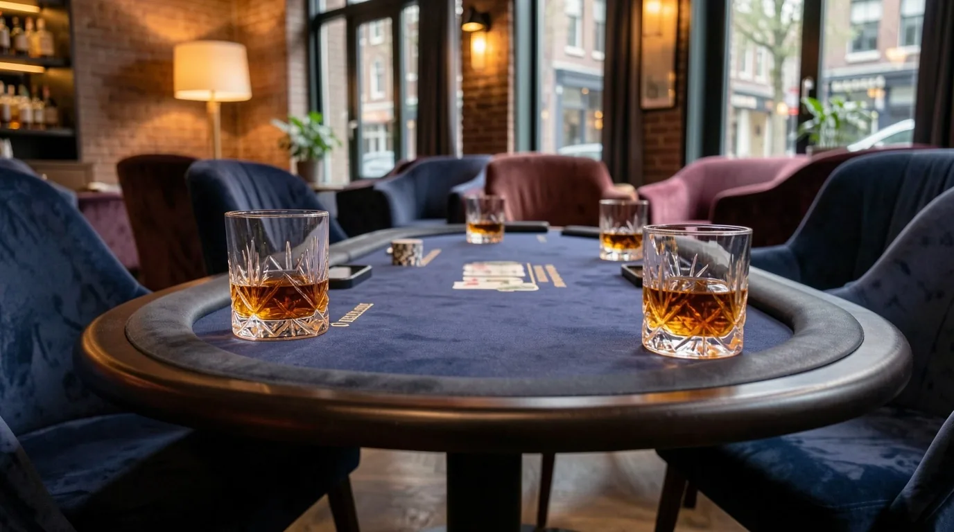 Sociale pokertafel en fiches in de Merendal lounge