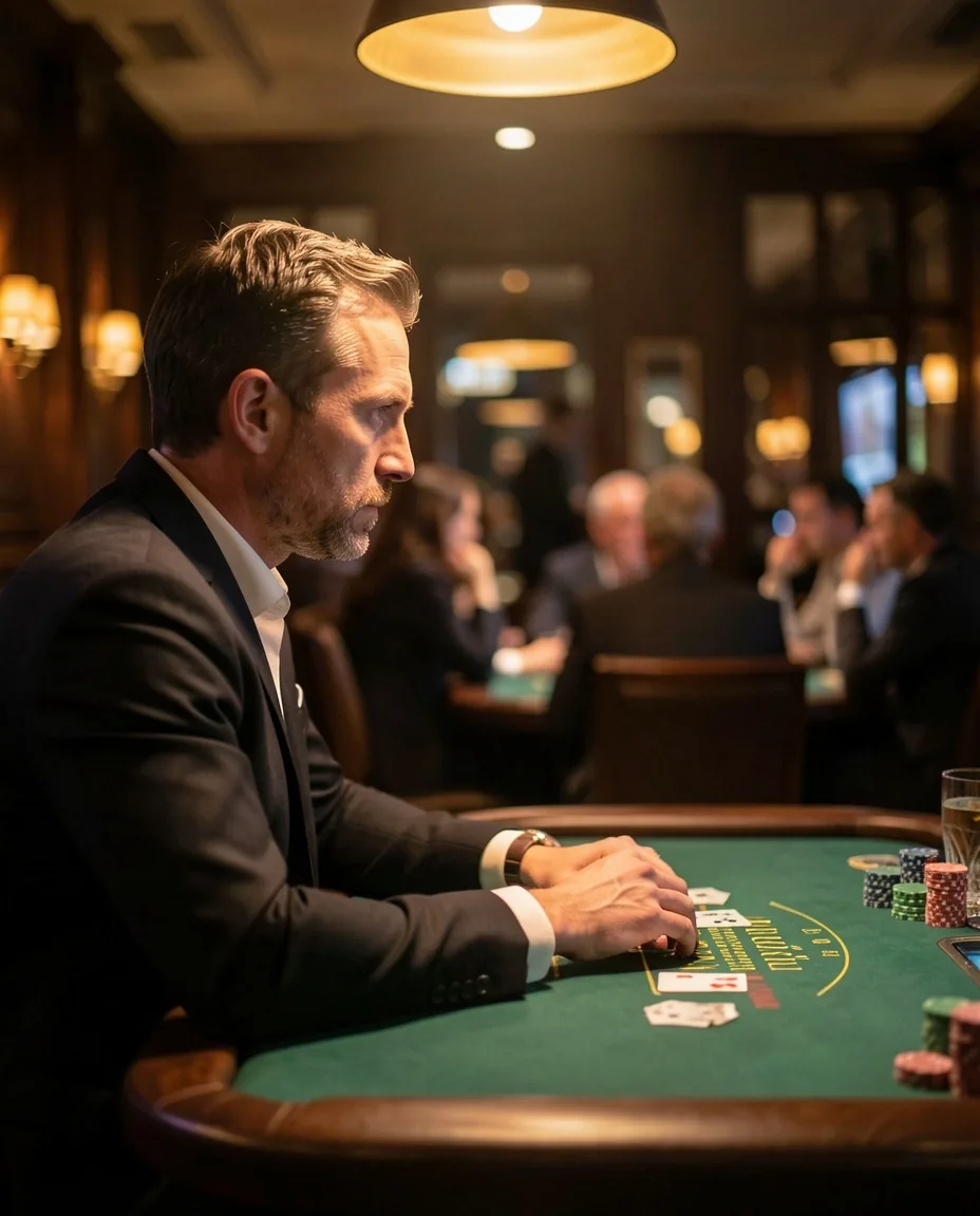 Gefocuste pokerspeler aan tafel in de club lounge